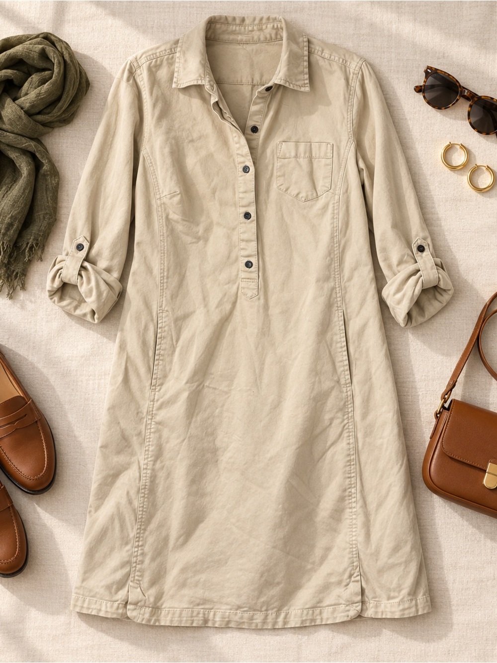 J.Jill Live-In-Chino Khaki Utility Shirtdress Size 14 Roll Tab Pockets